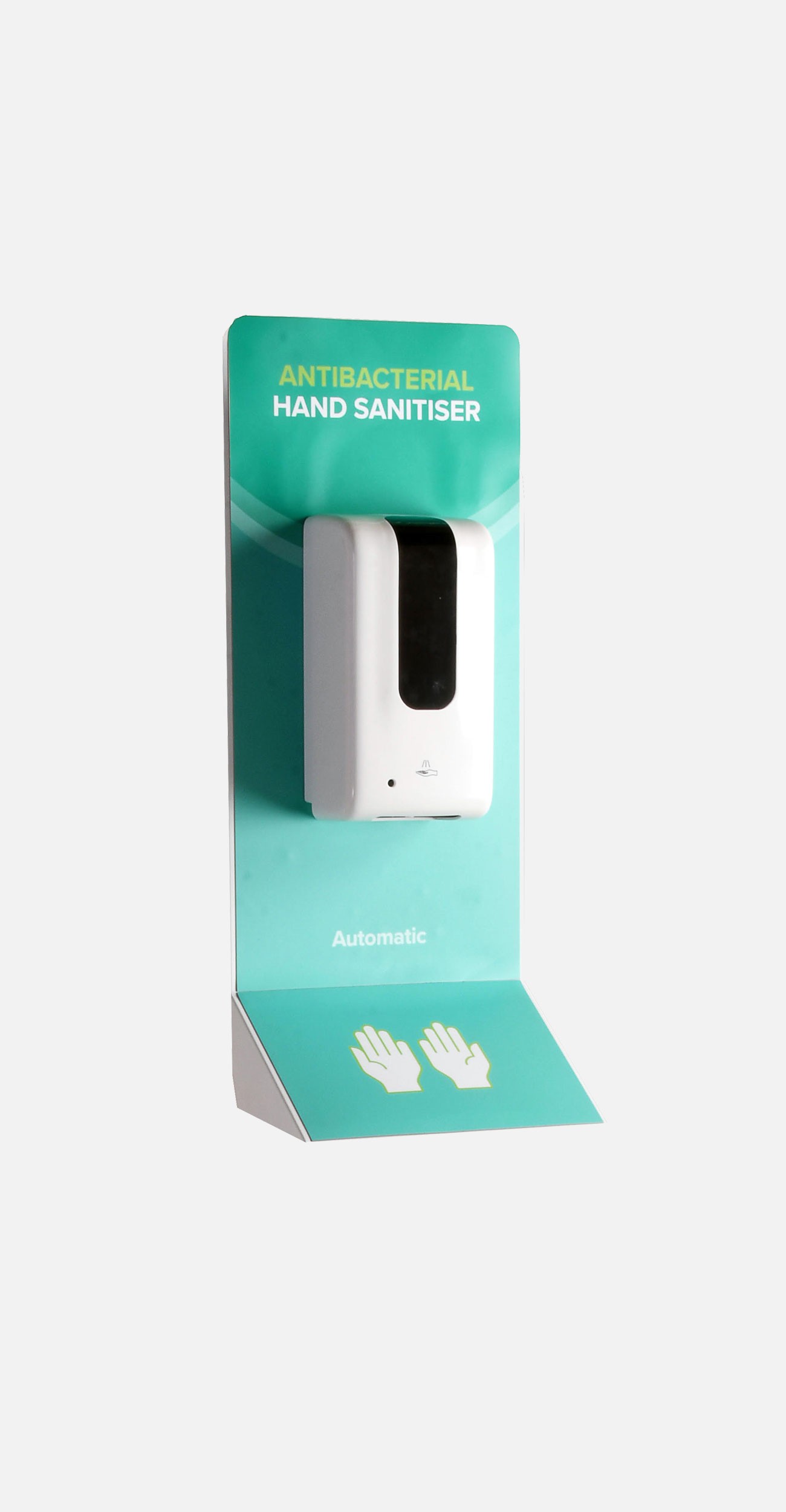 A wall mounted hand sanitiser dispenser unit