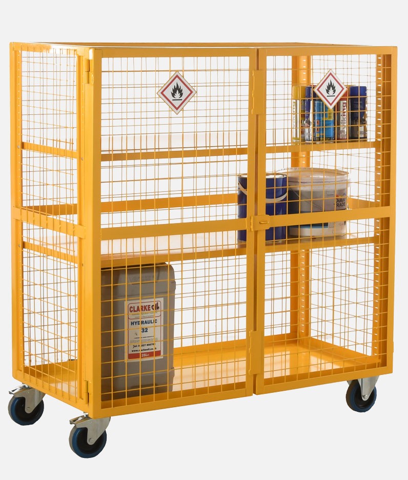 trolley with hazardous materials stored safely