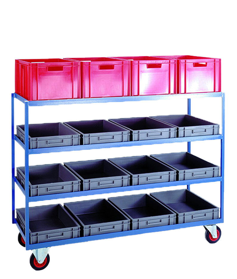 a trolley holding small plastic boxes