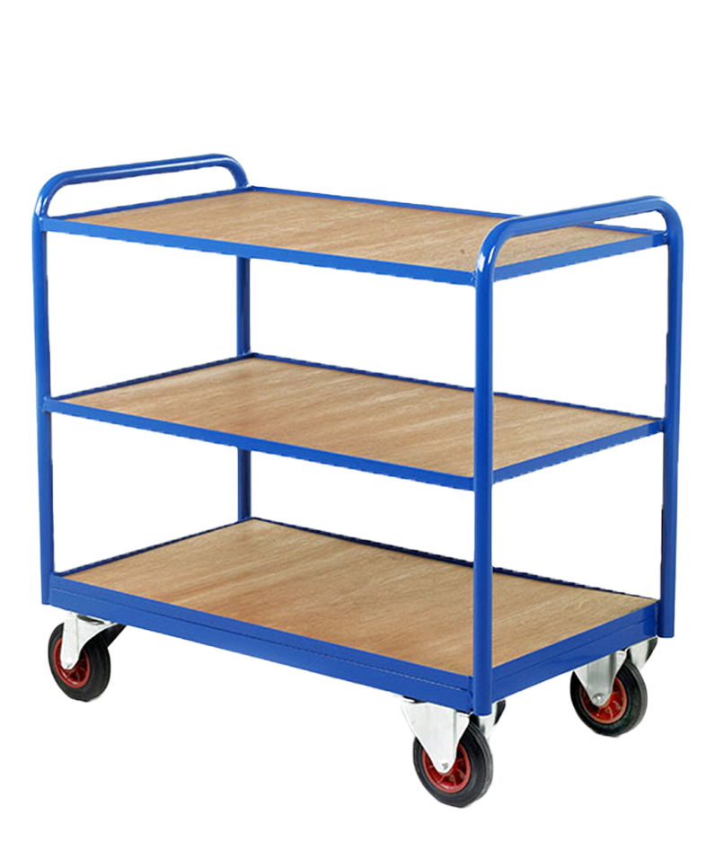 a tray trolley with three trays and wooden bases